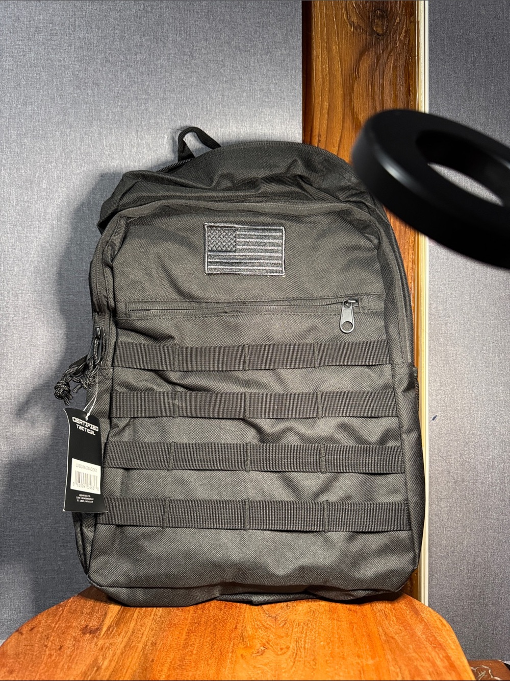 Black Tactical-Style Men's Backpack with Flag Patch